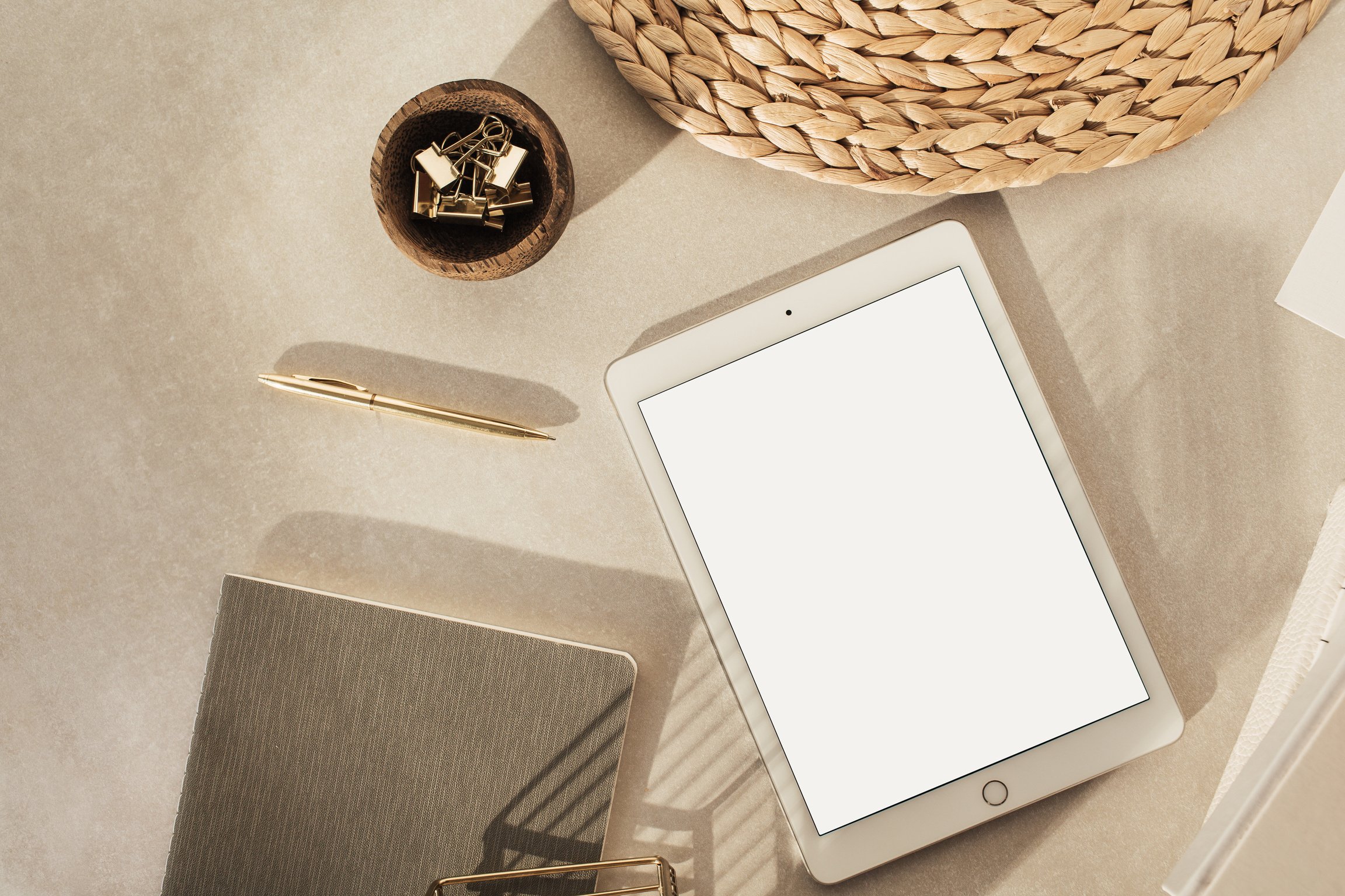 Contemporary Home Desk with Blank Tablet Mockup Flatlay